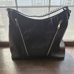 Urban Expressions Black Vegan Leather Hobo Bag  Floral Lining  Side Zip Pockets